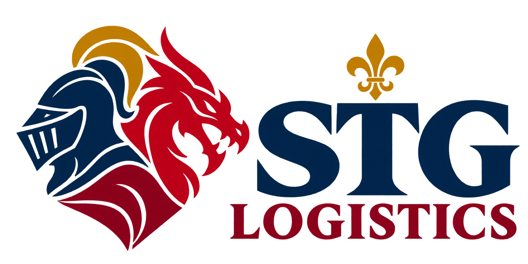 STG Logistics knight and dragon emblem with a gold fleur-de-lys